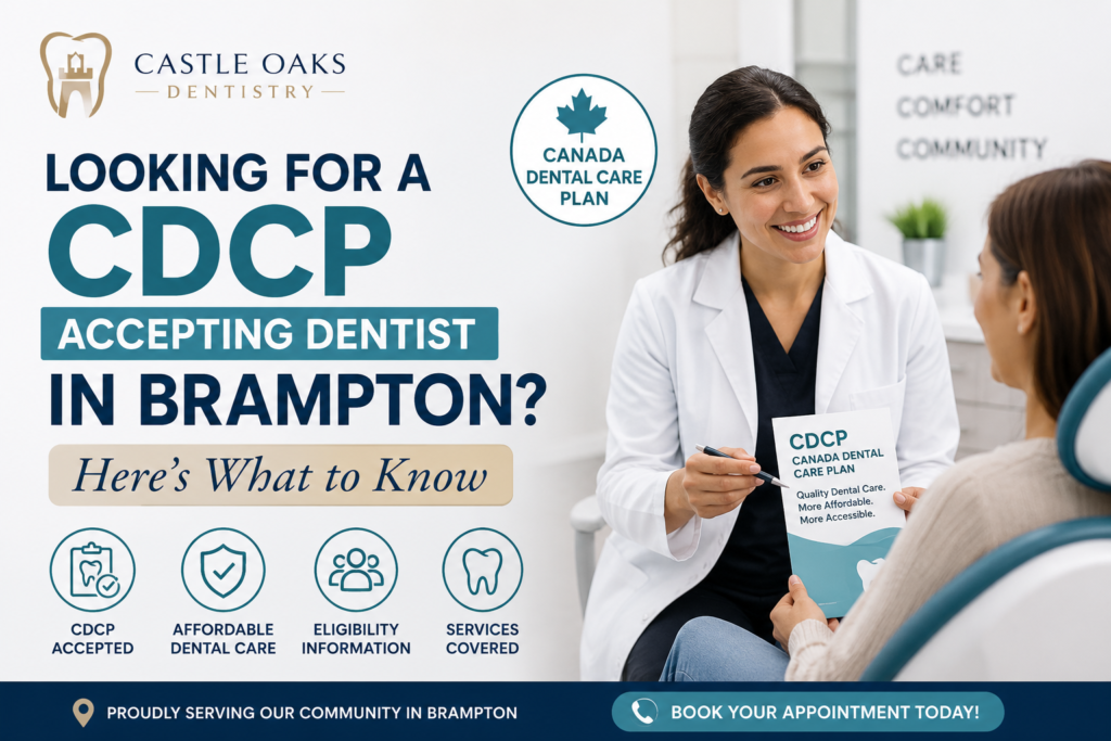 Dentist explaining the Canada Dental Care Plan (CDCP) to a patient at a dental clinic in Brampton offering affordable dental care services