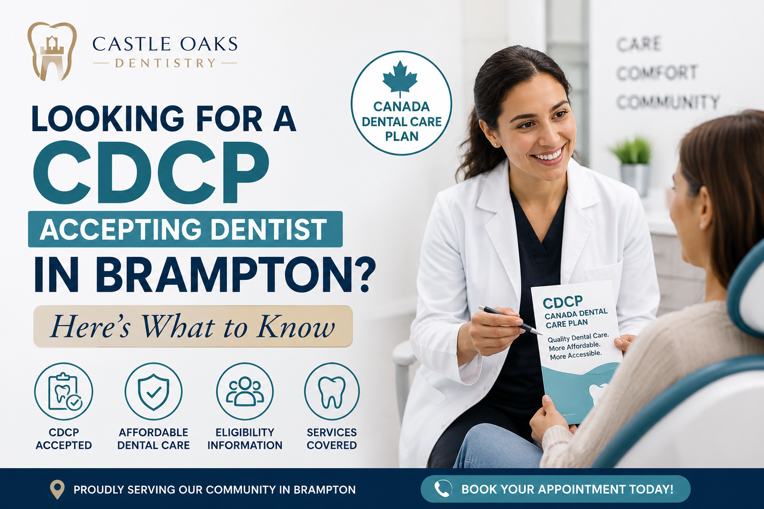 Dentist explaining the Canada Dental Care Plan (CDCP) to a patient at a dental clinic in Brampton offering affordable dental care services