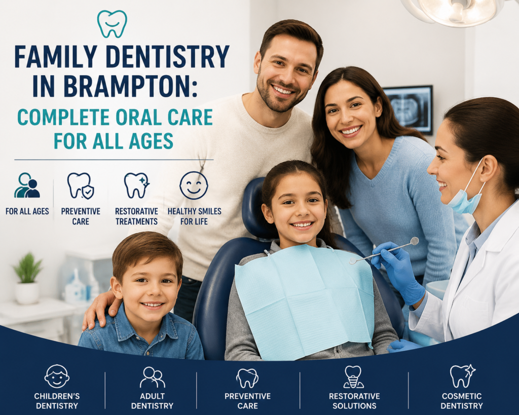 Family dentistry clinic in Brampton showing a smiling family