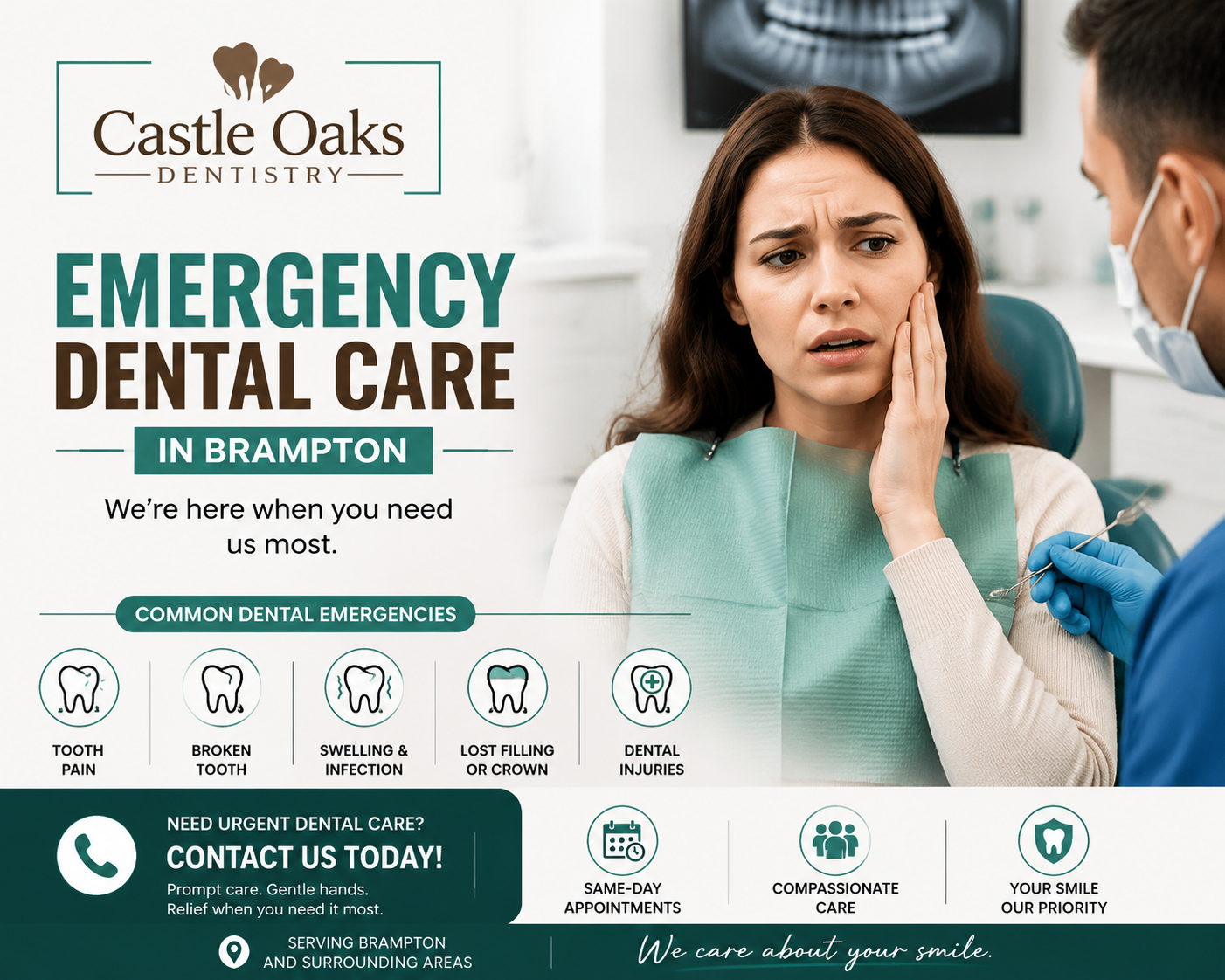 Emergency dental care in Brampton at Castle Oaks Dentistry showing a patient receiving urgent dental treatment for tooth pain and dental emergencies.
