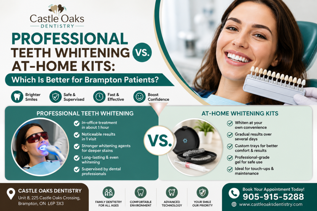 Professional teeth whitening vs at-home whitening kits for Brampton patients, featuring Castle Oaks Dentistry and cosmetic teeth whitening options.